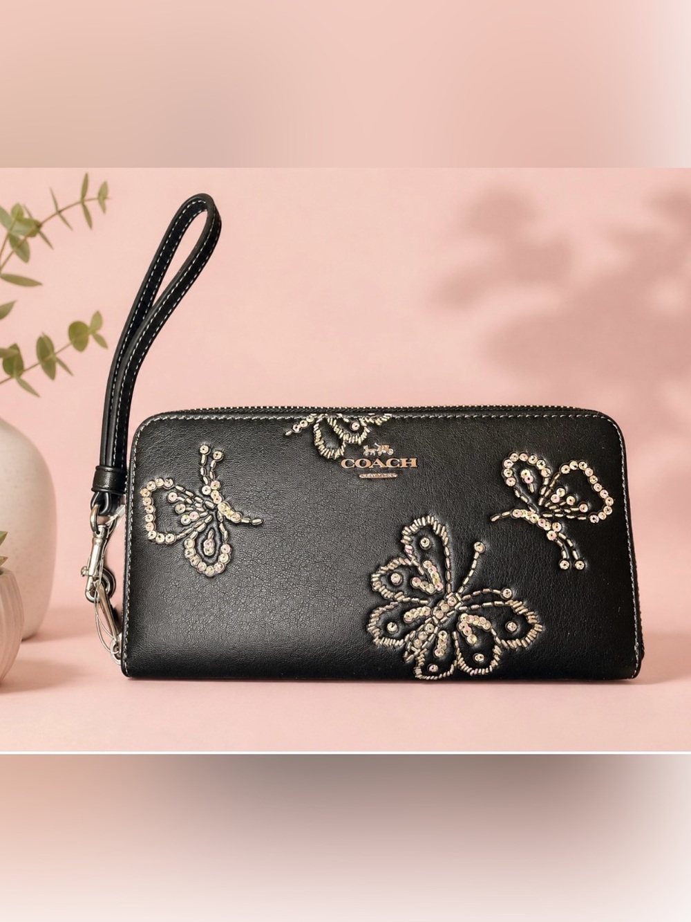 Coach Black Sequin Butterfly Continental Wallet